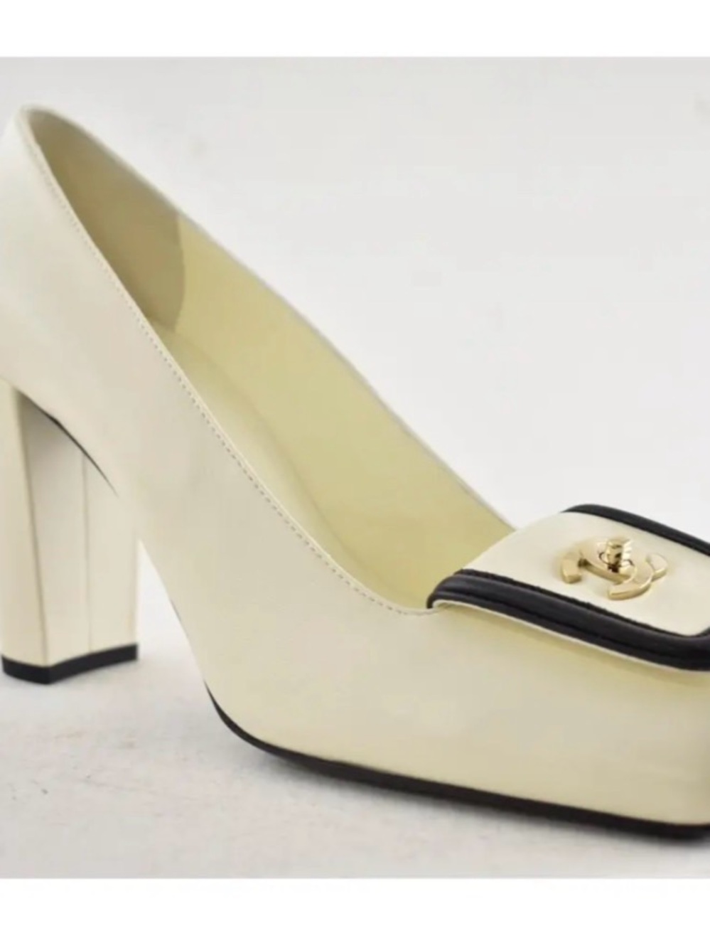 CHANEL Cream and Black Block Heel Pump with Gold CC Accent